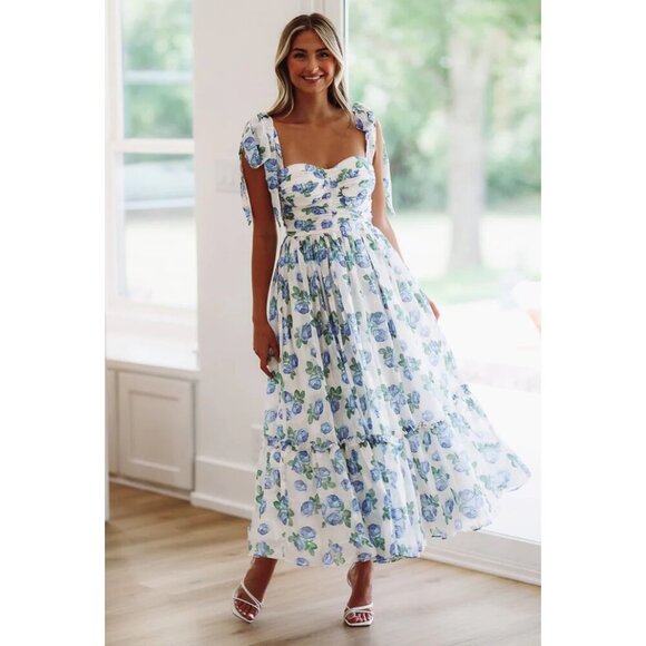Petal & Pup Dresses & Skirts - PETAL & PUP Floret Bow Strap Midi Sundress in Blue Size Large